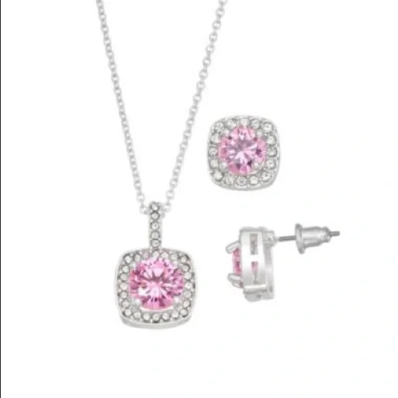 Macys Fine Silver Plate Cubic Zirconia Necklace and Stud Earring Set 18”+3” Ext - Picture 5 of 11